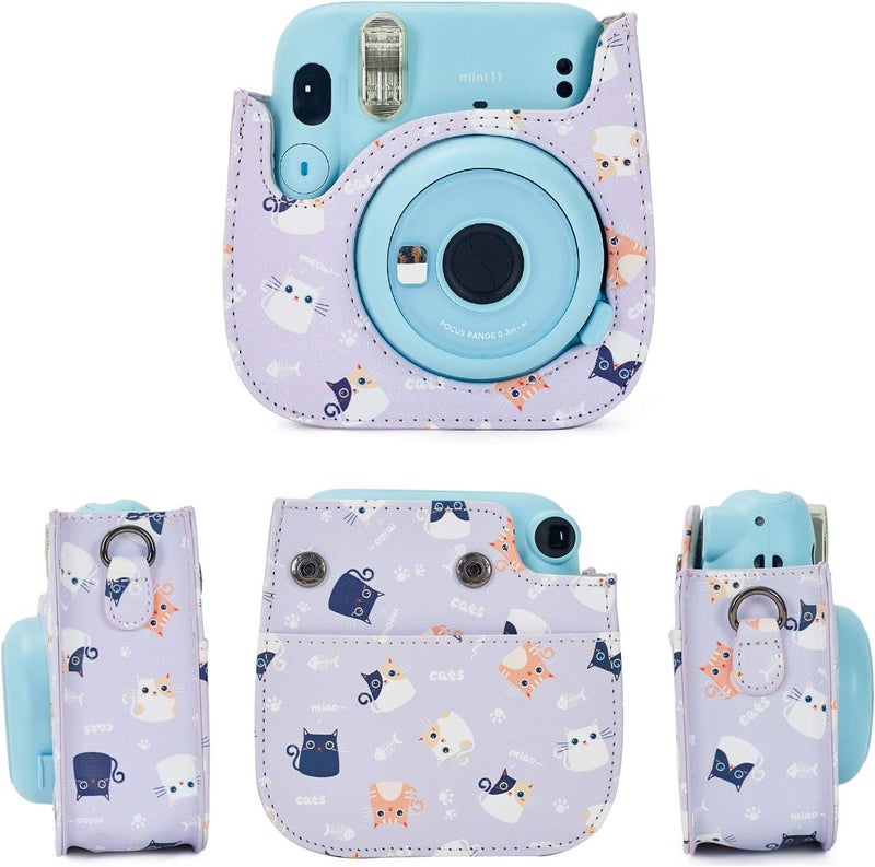 Phetium Instant mini 12 Camera Protective Case Compatible with Instax Mini 12 11,PU Leather Bag with Pocket and Adjustable Shoulder Strap (Purple Cat) - Image 2